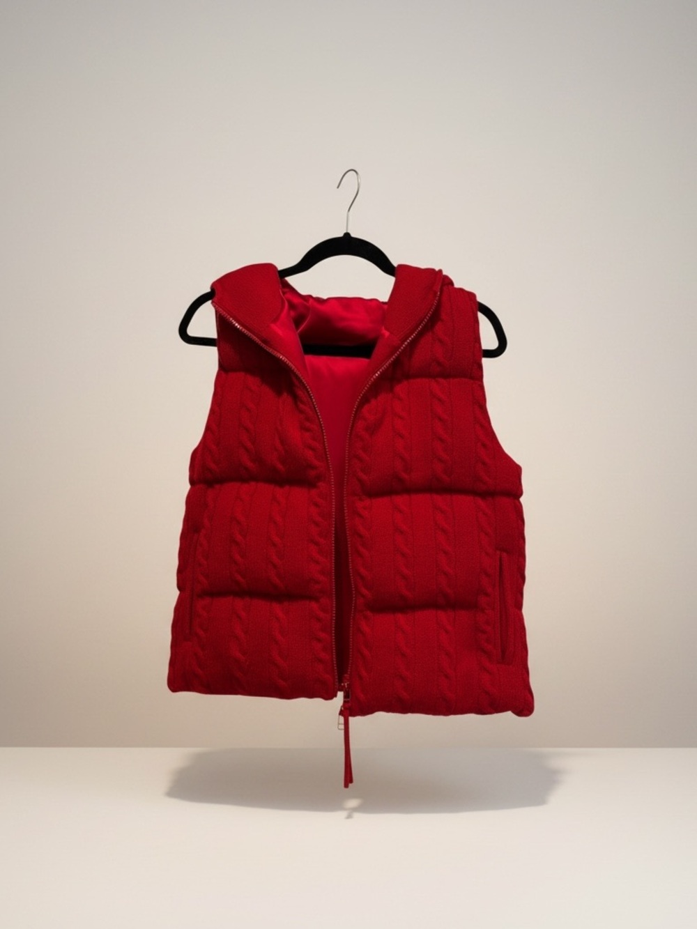 NakedCashmere women’s Cashmere/silk Red Quilted Cable-Knit Hooded Vest.Small NEW